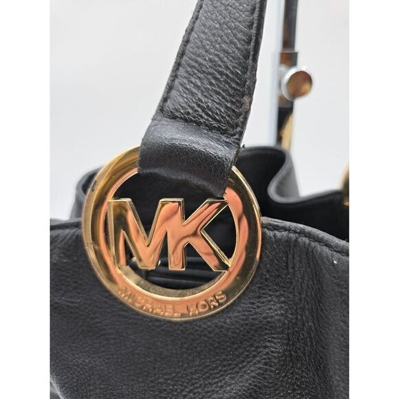 Michael Kors Black Leather Tote Bag With Gold MK Logo & Multiple Pockets - Picture 11 of 11